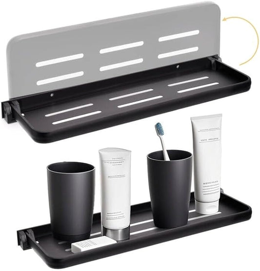 DEAYOU 2 Pack Folding Wall Shelf for Bathroom, 90° Fold Up Floating Shelf, Wall Mounted Drop Down Metal Shelves for RV, Campers, Laundry Room, Toilet Room, Kitchen, Waterproof, Space Saving, 15.7"