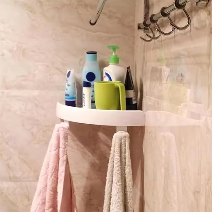 Bathroom Wall Corner Shelf Organizer, Kitchen Corner Storage Rack Non-Marking Shelf with Hooks, Easy to Install (White)