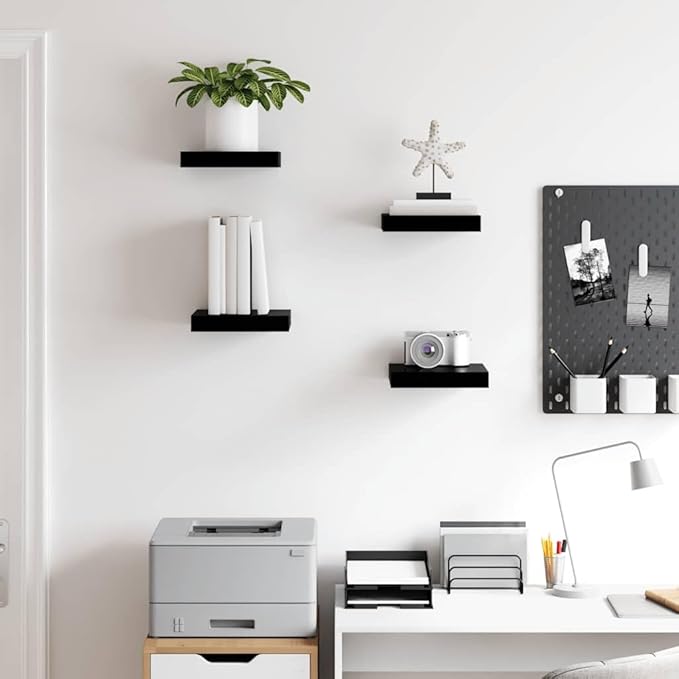 Set of 4 Wall Shelves, Modern Floating Honeycomb Shelves, High Gloss Black MDF Decorative Shelves for Bedroom, Living Room and Office, Easy Mount Storage Display Shelves