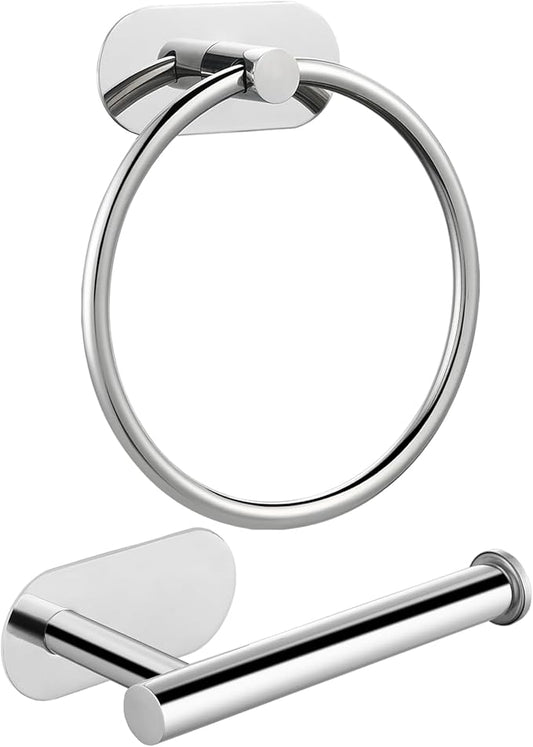 Self Adhesive Towel Ring and Toilet Paper Holder, No Drilling Stainless Steel Bathroom Hardware Set, Sturdy Bathroom Accessories for Home or Kitchen, Wall Mounted (Chrome)