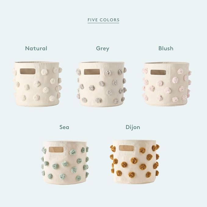 PEHR Pom Pom Basket, Grey Hamper | 100% Cotton Canvas Storage for Nursery, Playroom & Home | Decorative Organizer | 18" D x 20" H