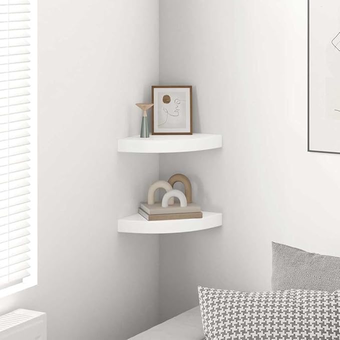 Corner Shelf Set of 2, Floating Wall Shelves in High Gloss White, Modern Decorative Storage Display for Bedroom, Living Room, Office, 9.8 x 9.8 x 1.5 Inch