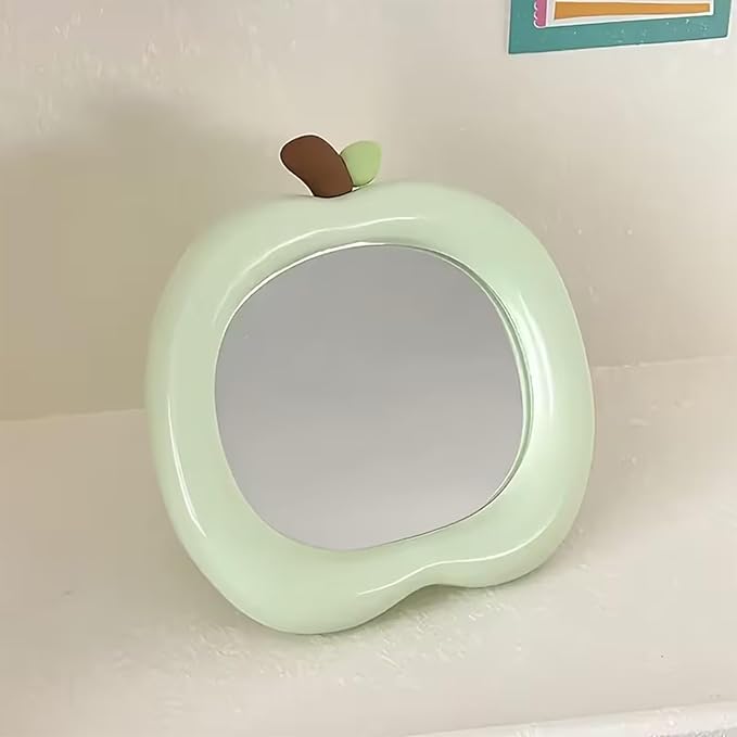 Apple Shaped Makeup Mirror - 6.22x6.3 Inch Portable Vanity Mirror with Stand, Cute Desk Decor for Bedroom, Bathroom & Office (Green)