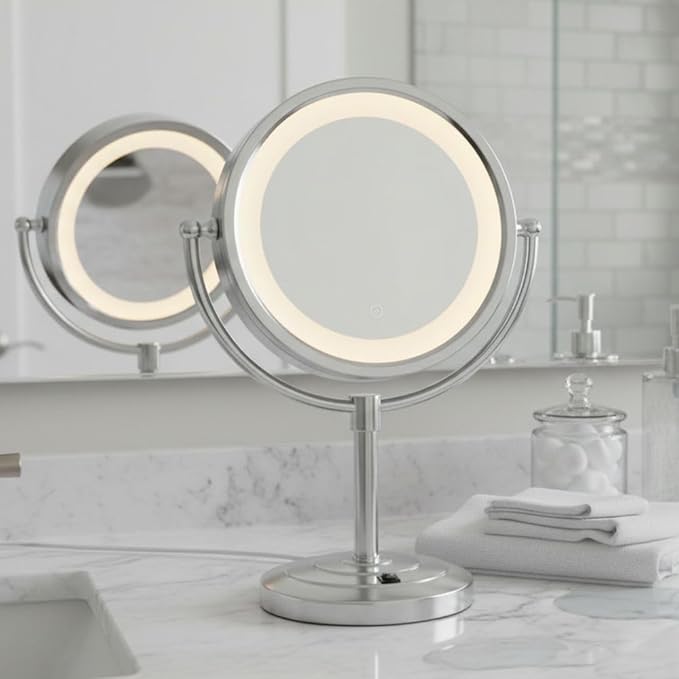 JERDON Lighted Tabletop Makeup Mirror - LED Lighted Vanity Mirror with 1X and 5X Magnification in Nickel Finish - Model HL745NC