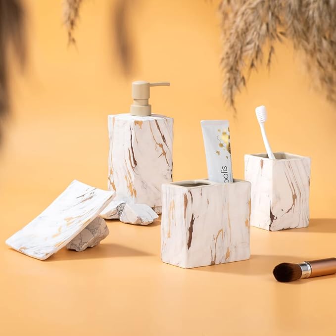 RQYIXI Bathroom Accessories Set 4 Pcs Marble Look Sets Toothbrush Holder Soap Dispenser Counter Top Ceramic Bathroom Decor Set Gold