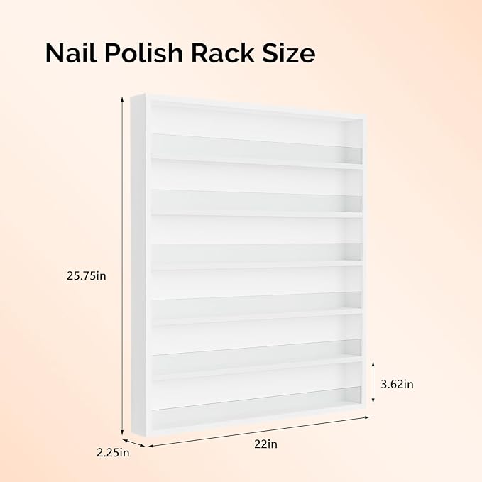 OmySalon Nail Polish Organizer Wall Mount - Holds 120+ Bottles with Acrylic Barrier, Salon Display Rack for Home Spa & Nail Studio - Assembly Required, Wooden Polish Storage (White, 6-Tier)
