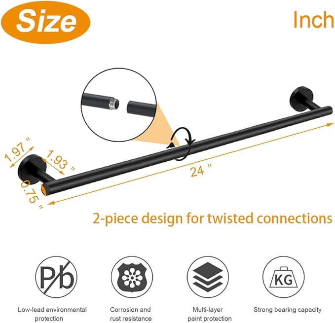 TocTen Bath Towel Bar - 2 Pack Thicken SUS304 Stainless Steel Towel Rack for Bathroom, Bathroom Hardware Accessories Towel Rod Heavy Duty Wall Mounted Towel Holder (24 Inch, Matte Black)
