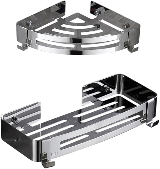 2Pcs Bathroom Shelf No Drill Corner Storage Rack with Hooks Modern Minimalist Design for Kitchen Bathroom High Load Bearing Tripod
