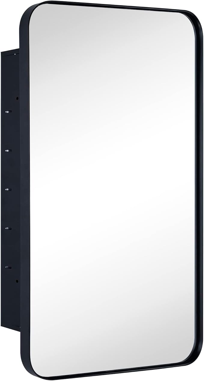 Matt Black Rectangle Recessed Bathroom Medicine Cabinet with Mirror Stainless Steel Metal Framed Rounded Rectangular Bathroom Cabinet with Mirror 16.5x27.5''