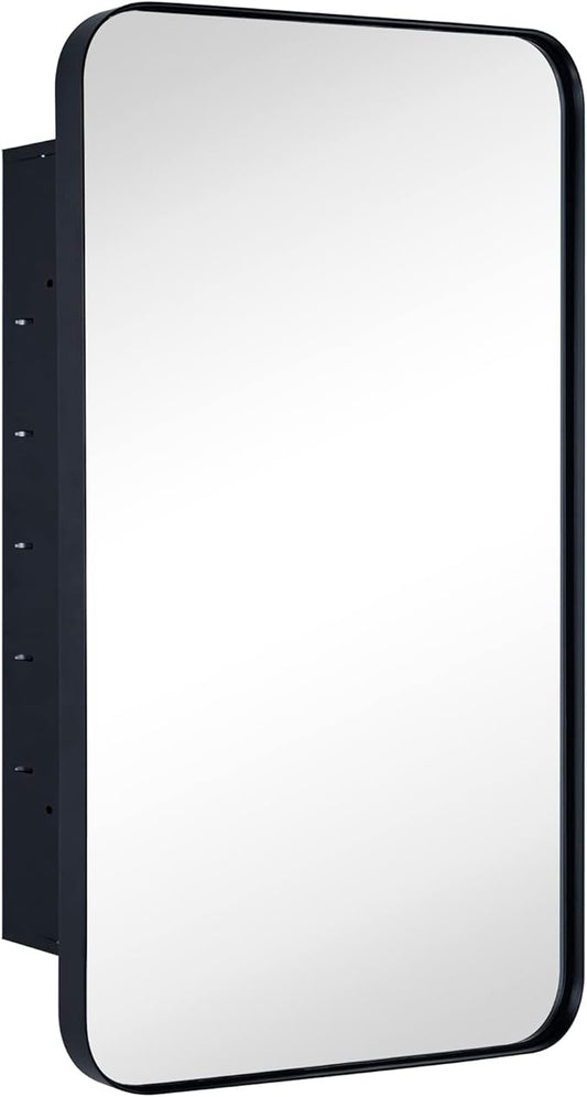 Matt Black Rectangle Recessed Bathroom Medicine Cabinet with Mirror Stainless Steel Metal Framed Rounded Rectangular Bathroom Cabinet with Mirror 16.5x27.5''