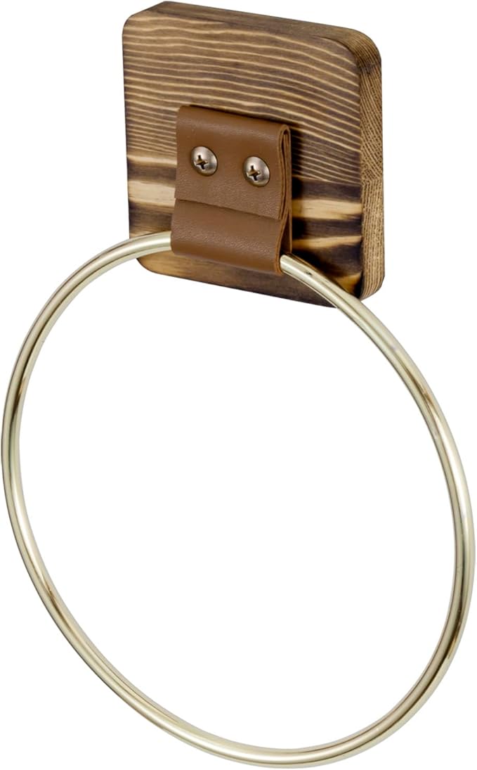 MyGift Brass Tone Hand Towel Ring, Hanging Bathroom Washcloth Towel Holder Rack, Metal with Brown Leatherette Strap and Burnt Wood Wall Mounted
