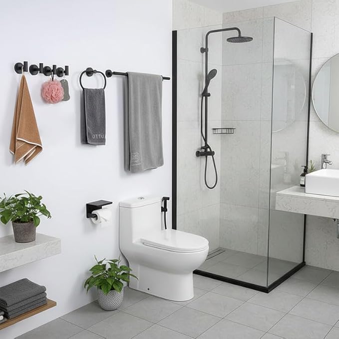 7-Piece Bathroom Hardware Accessories Set SUS304 Stainless Steel Towel Bar Set Wall Mounted 25.9-Inch Towel Rack, Towel Ring, Toilet Paper Holder with Shelf & 4 Hooks, Black