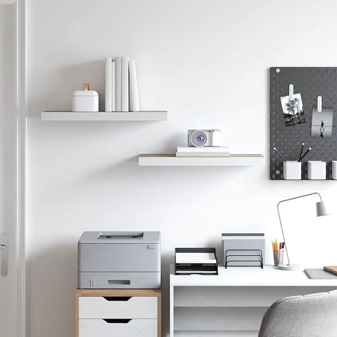 Floating Wall Shelves Set of 2, Invisible Mounting Modern Display Shelves for Living Room Bedroom, 23.6 Inch Oak and White MDF Board with Metal Frame, Holds 15.4lb Each for Decor Books Plants