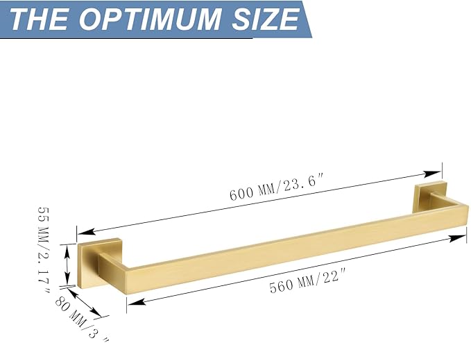 TQKAG Single Towel Bar Brushed Gold 23.6 Inch Bathroom Towel Holder Rail Stainless Steel Wall Mounted Bath Towel Hanger.