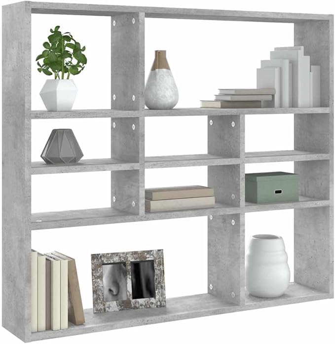Modern Wall Mounted Floating Shelf, 10-Compartment Concrete Grey Engineered Wood Storage Organizer for Bedroom, Living Room, Display Books and Decor