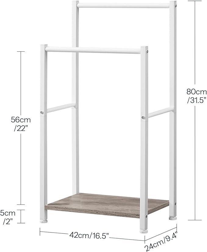 HOOBRO Free Standing Towel Rack for Bathroom, 2 Tier Blanket Rack, 16.5" L x 9.4" W x 31.5" H, Blanket Holder, Drying and Display Rack with Shelf, White and Grey WG02LB01