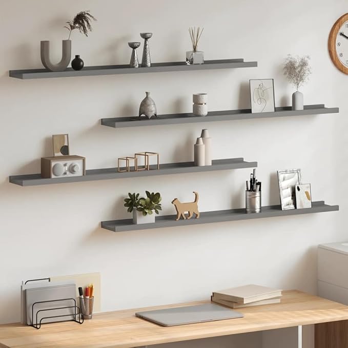 Set of 4 Floating Wall Shelves, 39.4 Inch Long Rectangular Modern MDF Storage Shelves for Living Room, Bedroom, and Home Decor, Grey
