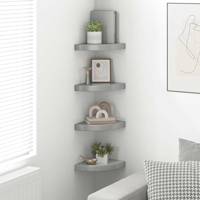 Corner Shelf Set of 4, Floating Wall Mounted Shelves, High Gloss Grey MDF Corner Organizer for Bedroom, Living Room and Office, Modern Display Storage