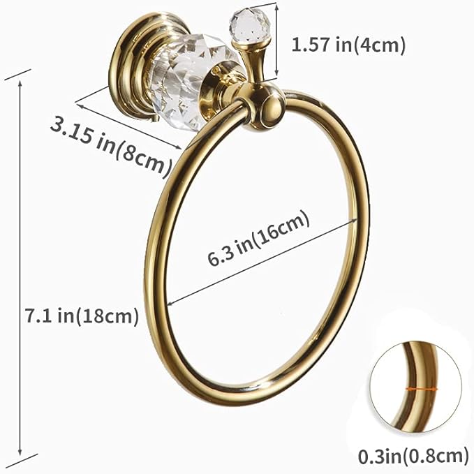 WOLIBEER Gold Towel Ring, Crystal Hand Towel Holder Polished Brass Bling Towel Bar Bathroom Accessories Wall Mounted