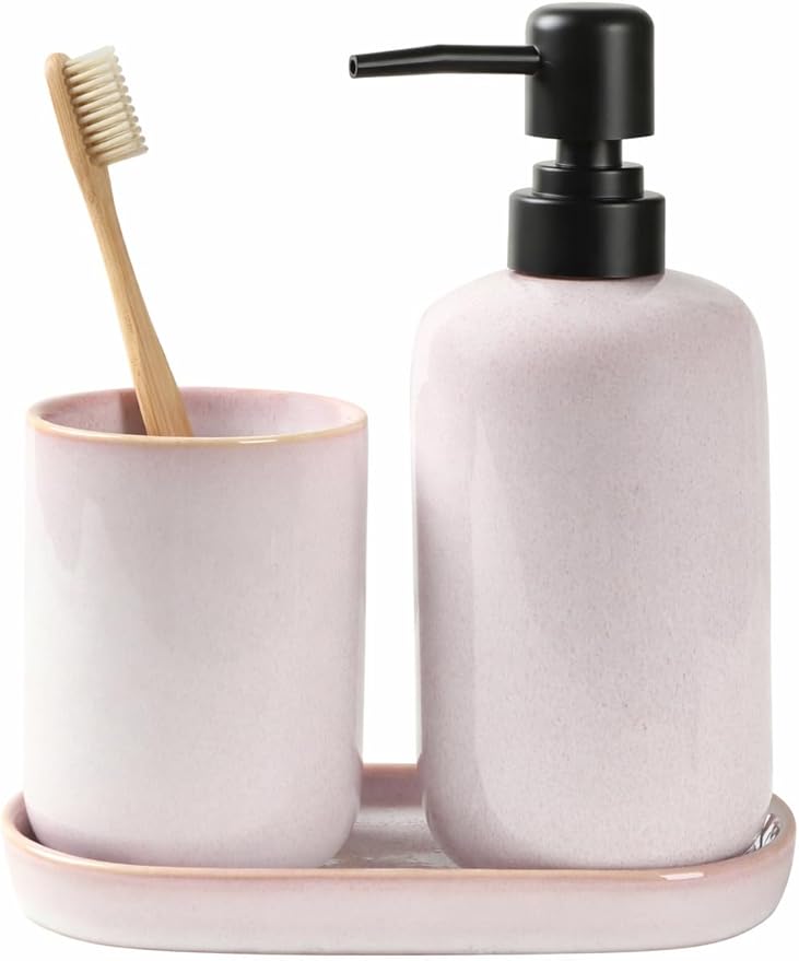 Ceramic Bathroom Accessories Set, Light Pink Glossy Soap Dispenser 15.5oz & Toothbrush Holder 10.6oz with Tray, Modern Countertop Set for Bathroom, Vanity, Kitchen Sink