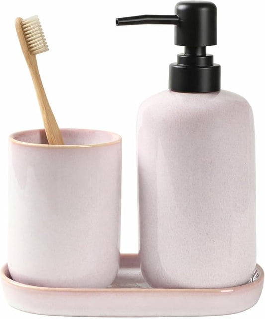 Ceramic Bathroom Accessories Set, Light Pink Glossy Soap Dispenser 15.5oz & Toothbrush Holder 10.6oz with Tray, Modern Countertop Set for Bathroom, Vanity, Kitchen Sink