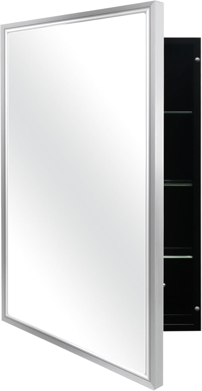 Modern Medicine Cabinet Mirror Storage for Bathroom Bedroom Surface/Recessed Mount with 3 Shelves (16"x26", Brushed Silver)