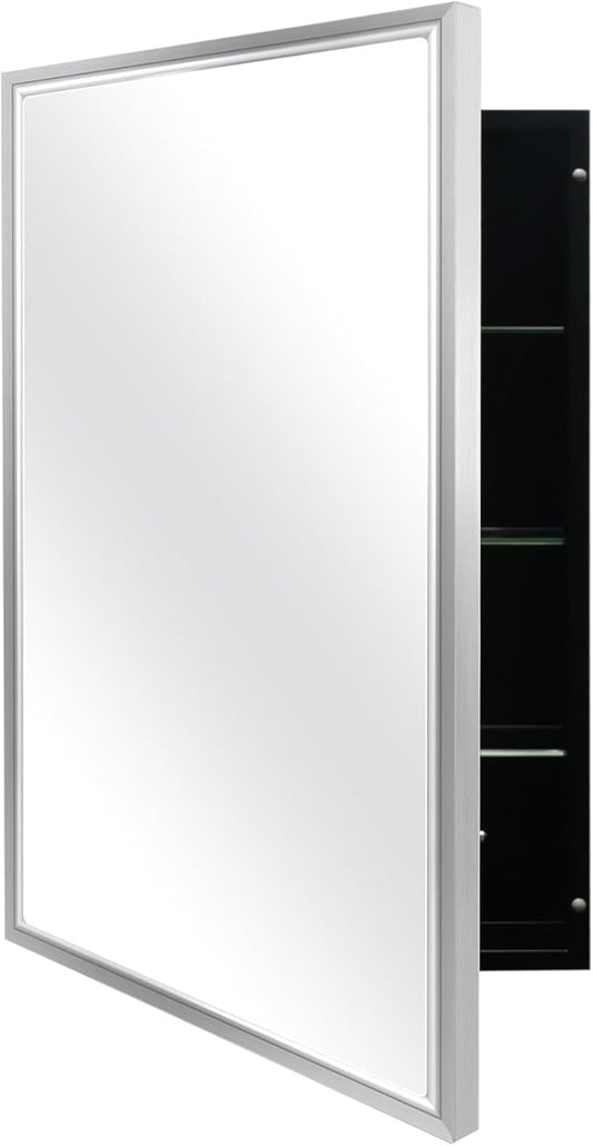 Modern Medicine Cabinet Mirror Storage for Bathroom Bedroom Surface/Recessed Mount with 3 Shelves (16"x26", Brushed Silver)