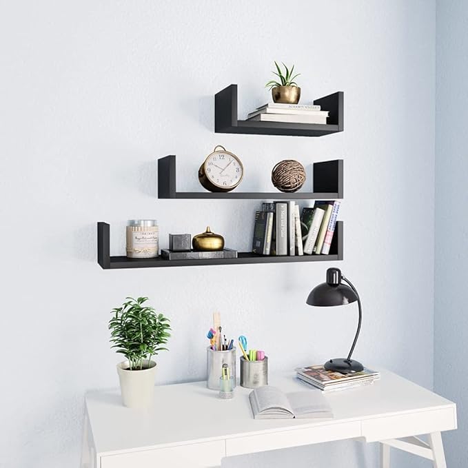 Set of 3 Wall Mounted Floating Shelves, Black Engineered Wood Display Ledge for Living Room, Bedroom, Kitchen, Modern Decorative Storage Shelving Units