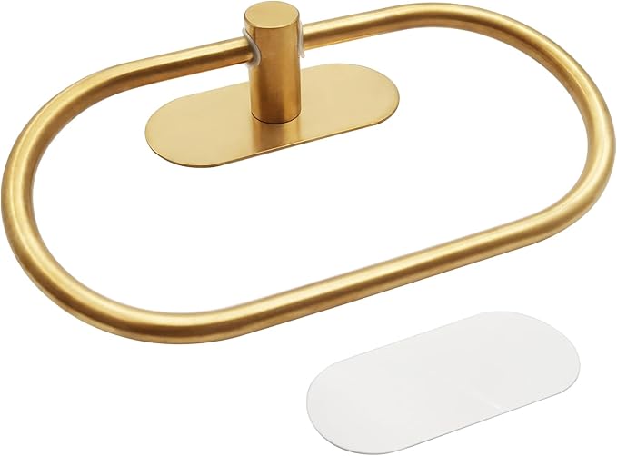 Self Adhesive Towel Ring, Brushed Gold Adhesive Hand Towel Holder Stainless Steel Oval Hand Towel Ring No Drilling Modern Hand Towel Hanger for Bathroom Kitchen Accessories