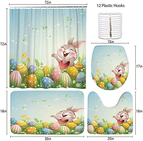 LOKMU 4 Pcs Shower Curtain Sets with Non-Slip Rugs, Toilet Lid Cover and Bath Mat,Cartoon Happy Easter Bunny Egg Waterproof Shower Curtain with 12 Hooks, Bathroom Decor Sets, 72" x 72"
