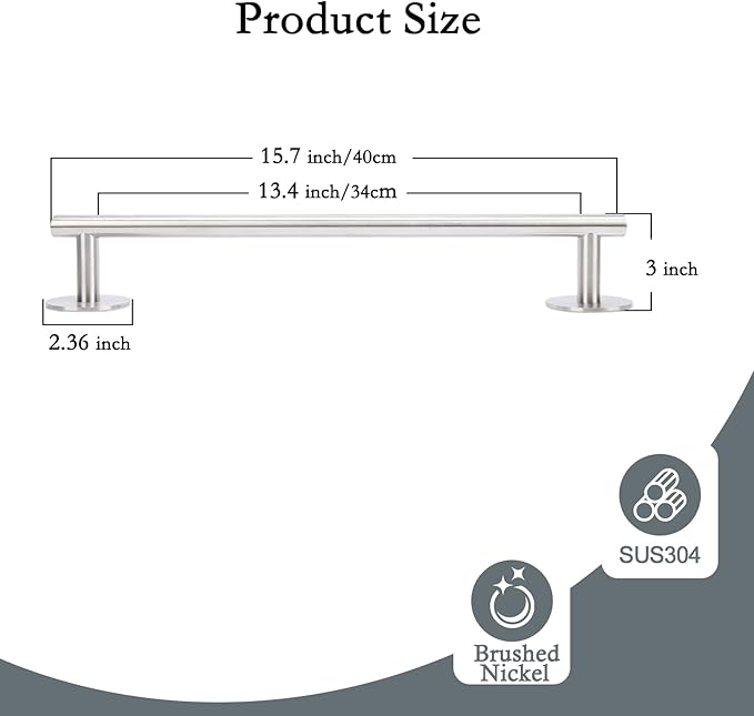 16 Inch Brushed Nickel Towel Bar - Self Adhesive No Drill Bathroom Towel Rack, 304 Stainless Steel Wall Mount Towel Holder by AcGlbauric Bathroom wall Mounted, Bath Towel Bar for Hardware Accessories