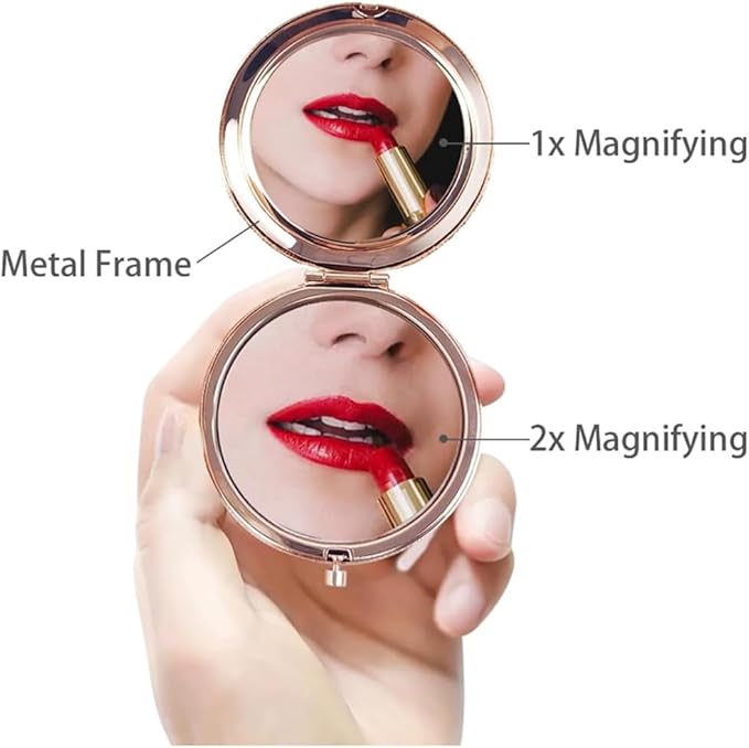 Rose Gold Compact Mirror for Women - 1x/2x Magnifying 2.76'' Small Cosmetic Mirror for Purse Portable Travel Makeup Mini Vanity Mirror Double-Sided Folding Pocket Mirror for Gift