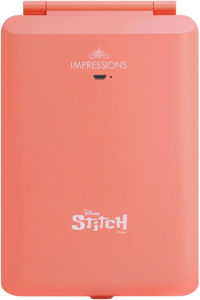 Impressions Vanity Disney Stitch TouchPad Mini LED Makeup Mirror for Purse, Ultra Slim Travel Mirror with Tri Tone Lights, Flip Cover, Adjustable Brightness, and Touch Screen Switch (Coral)