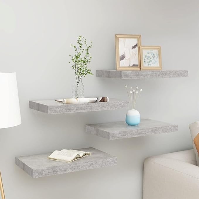 Floating Wall Shelves 4 pcs Concrete Gray Modern Invisible Mounting System for Living Room Bedroom Office Display Books Decor 15.7x9.1 Inches
