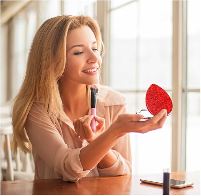 Red Heart Shaped Compact Mirror for Purse,1x/2x Magnification Cute Travel Mirror with Glitter,2.76 inch Double-Sided Mini Folding Mirror,Small Pocket Mirror for Gift,Travel Essentials
