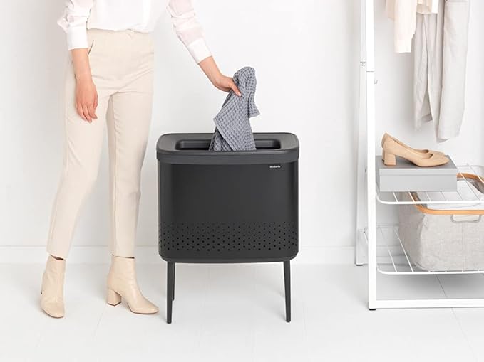 Brabantia Bo Laundry Hamper (Matt Black) Removable Laundry Bag 16 Gal, Ventilated Stylish Discreet Dirty Clothes Holder, Flat Back, Anti-Rust Materials for Bathroom Use