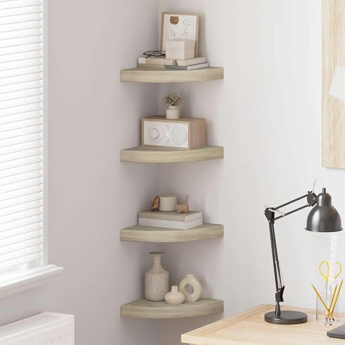 Corner Shelf Set of 4, 9.8-Inch Floating Wall Shelves for Bedroom, Living Room, and Office, Modern Oak MDF Storage Organizer for Home Decor and Books
