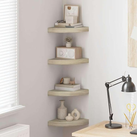 Corner Shelf Set of 4, 9.8-Inch Floating Wall Shelves for Bedroom, Living Room, and Office, Modern Oak MDF Storage Organizer for Home Decor and Books