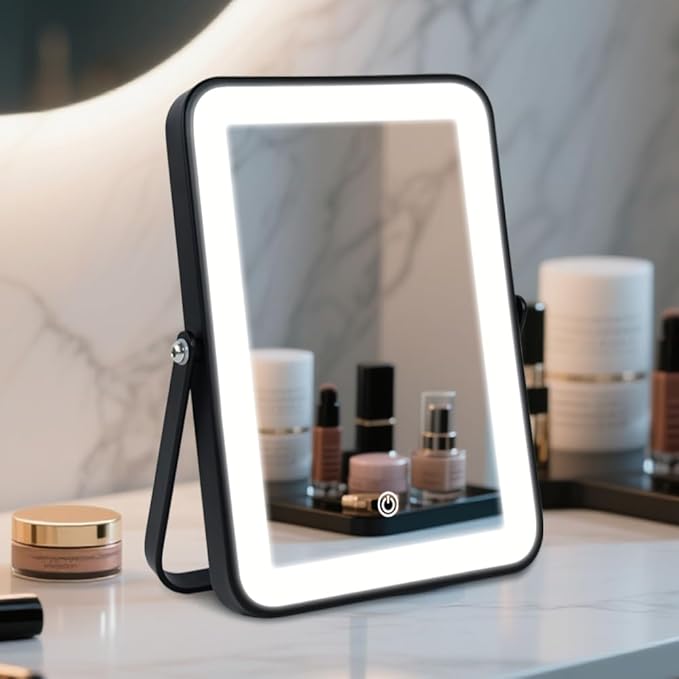 Rechargeable LED Vanity Mirror with Lights, 7"x10" Black Makeup Mirror with Lights, 3-Color Lighting, for Dorm, Livingroom, Gifts for Women