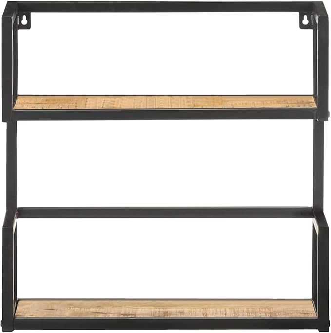 Industrial Wall Shelf, 2-Tier Floating Shelves with Powder-Coated Iron Frame, Rustic Rough Mango Wood Storage Rack for Living Room, Bedroom, Bathroom, 31.5 x 7.9 x 23.6 Inches