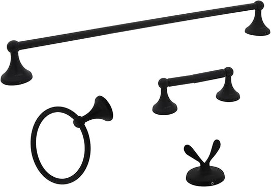 SUNTAI 4 Piece Bathroom Accessory Set(Adjustable Towel Bar, Towel Ring, Toilet Paper Holder,Towel Hook), Wall Mounted Bathroom Hardware Accessories Set,Matte Black