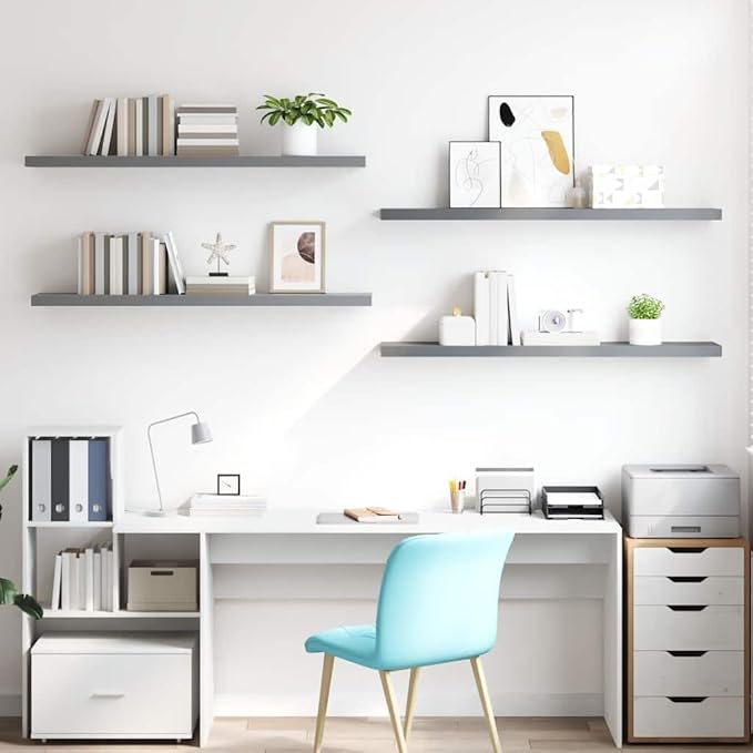 Floating Wall Shelves Set of 4, Modern Gray Wooden Display Shelves 47.2 Inch for Living Room Bedroom, Invisible Mounting, Heavy Duty MDF Board for Books Decor Plants Photos Awards