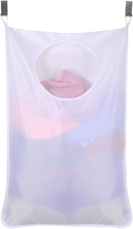 Oxford Fabric Space Saving Door-Hanging Laundry Hamper Bag + 2 Stainless Steel Hooks + 2 Strong Suction Cups for Bedroom, Nursery, Dorm or Closet (White)