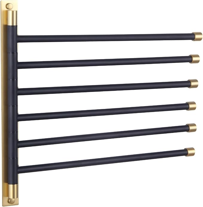 GERZWY Bathroom Swing Arm Towel Bars Wall Mount Bath Towel Rack with 6 Arms Hanger Towel Holder Organizer Stainless Steel (Black & Gold) HYG06-BD