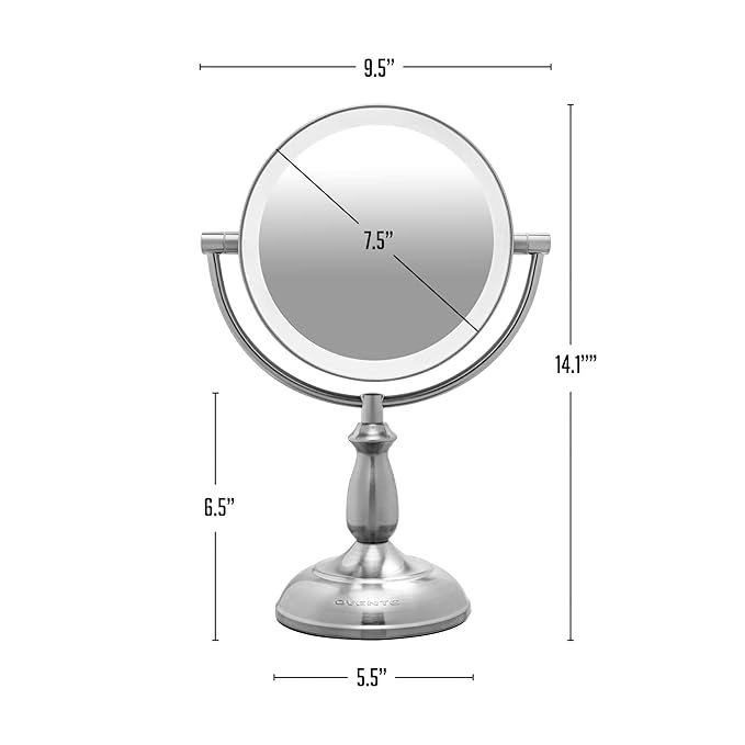 OVENTE 8" Lighted Tabletop Makeup Mirror with 1X/10X Magnification, Double Sided Vanity Mirror, 360° Swivel Design, 3-Tone Smart Touch Glow LED Lights with Auto Shut Off, Nickel Brushed MPT751BR1X10X