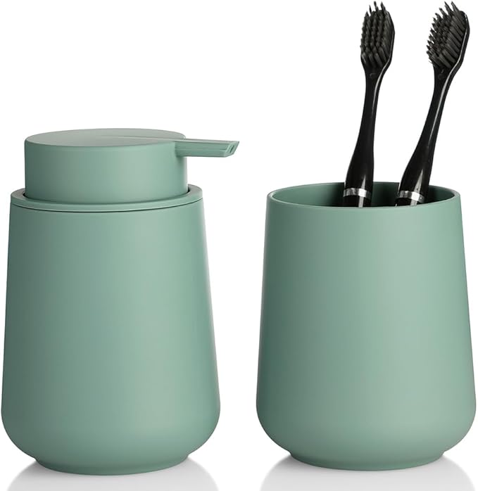 YAUKPH Matte Green Bathroom Accessories 2 Piece Set Plastic Soap Dispenser and Toothbrush Holder for Modern Bathroom Decor