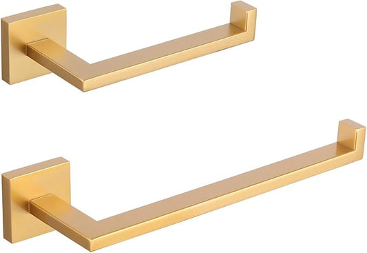 GERZWY Bathroom 2-Piece Bathroom Hardware Set Gold Stainless Steel - Toilet Paper Holder Towel Ring IG1856-2BE