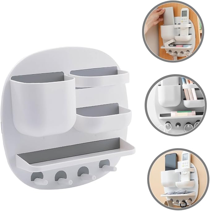 Alipis Remote Controller Stand Multi-Function Wall-Mounted Toiletries Shelf Three Compartments Storage Tray and Four Hooks for Bathroom Organization Easy Installation