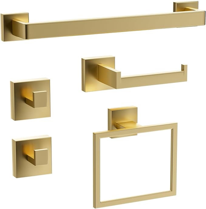 Gold Bathroom Hardware Accessories Set of 5 Pieces, 15.6 Inch Bath Towel Bar Set, 304 Stainless Steel Bathroom Hardware Set, Towel Racks for Bathroom Wall Mounted