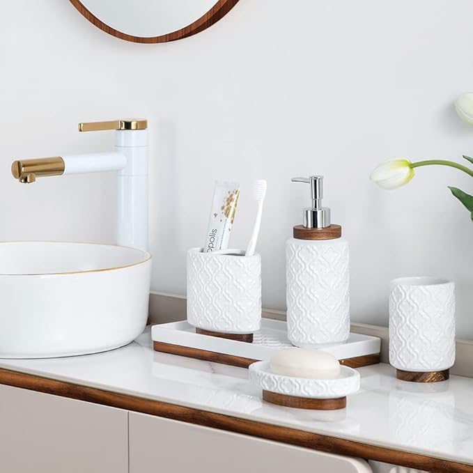RQYIXI Elegant 6 PCS Ceramic&Wood Bathroom Accessories Set:Soap Dispenser,Toothbrush Holder,Tumbler,Soap Dish,Tray,Trash Can,Easy to Clean,Quatrefoil Pattern,White-Affordable Home Luxury